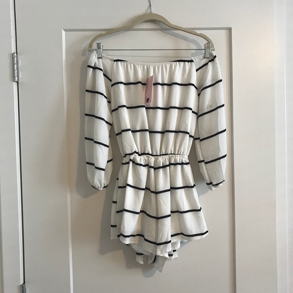 Striped off-the-shoulder romper